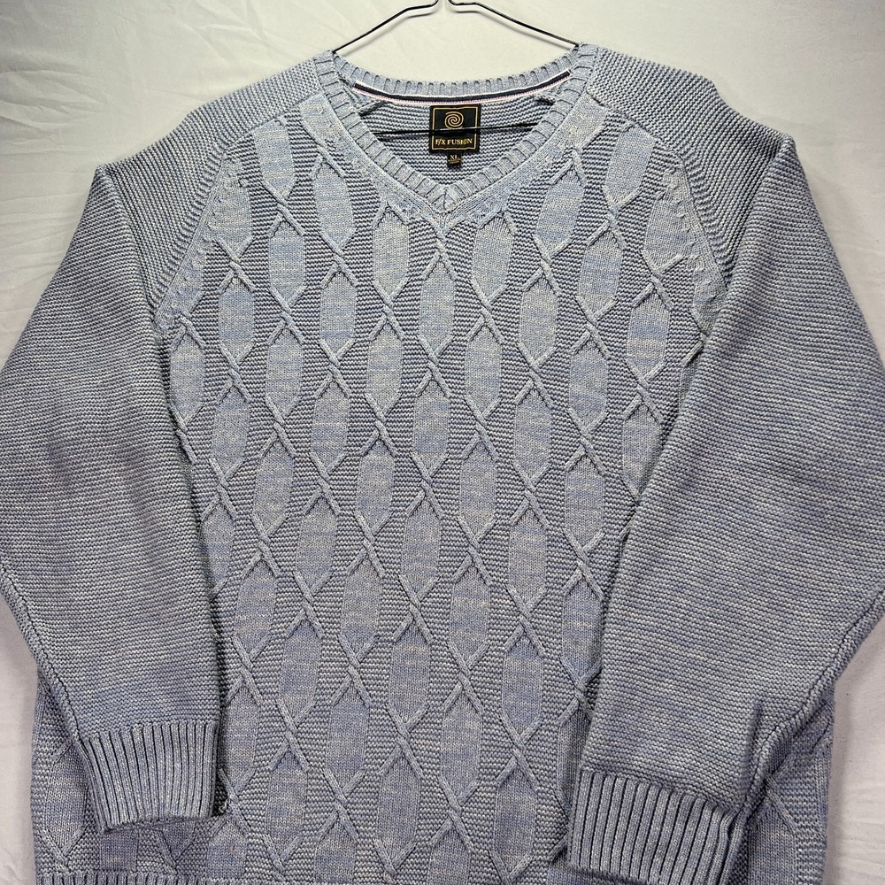 Grandpa Sweater Mens XL Blue 3D Knit V Neck F/X Fusion Cabincore Cottage